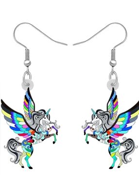 Hand Crafted Colorful Pegasus Unicorn Dangle Earrings - Silver Tone